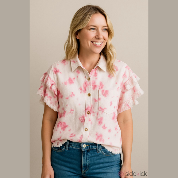 white birch Tops - White Birch Tie Dye Button Down Shirt Pink White Medium